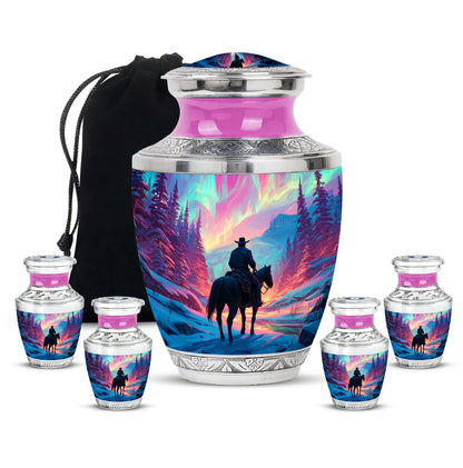Petal Pink Cowboy Cremation Urn lifestyle display on memorial shelf - stylized abstract cowboy pattern with bold lines - memorial set with one large and four small urns