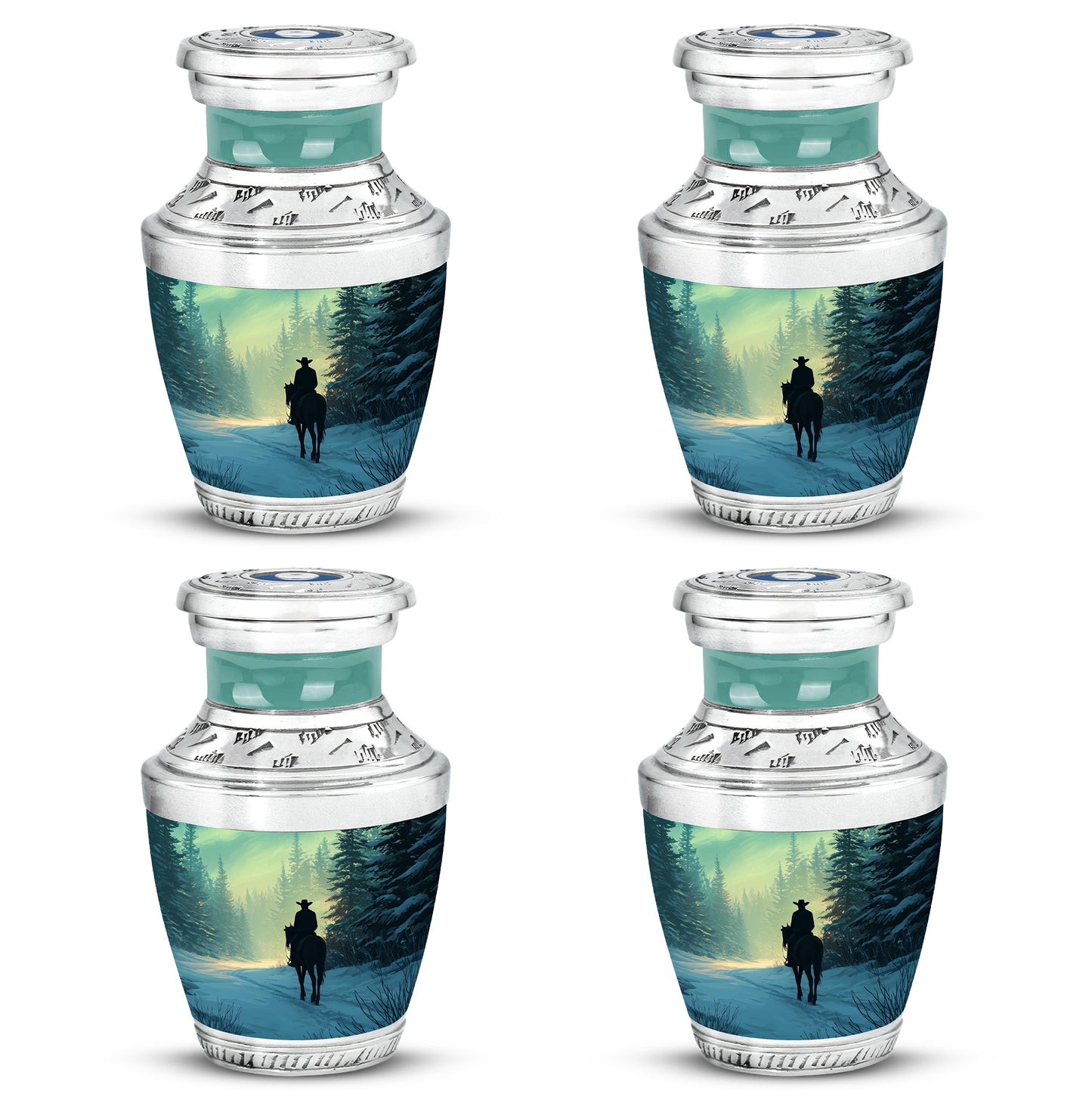 Sage Green Cowboy Cremation Urn back view with polished surface - contemporary cowboy design with modern artistic flair - 10 inch aluminum urn for cremated remains