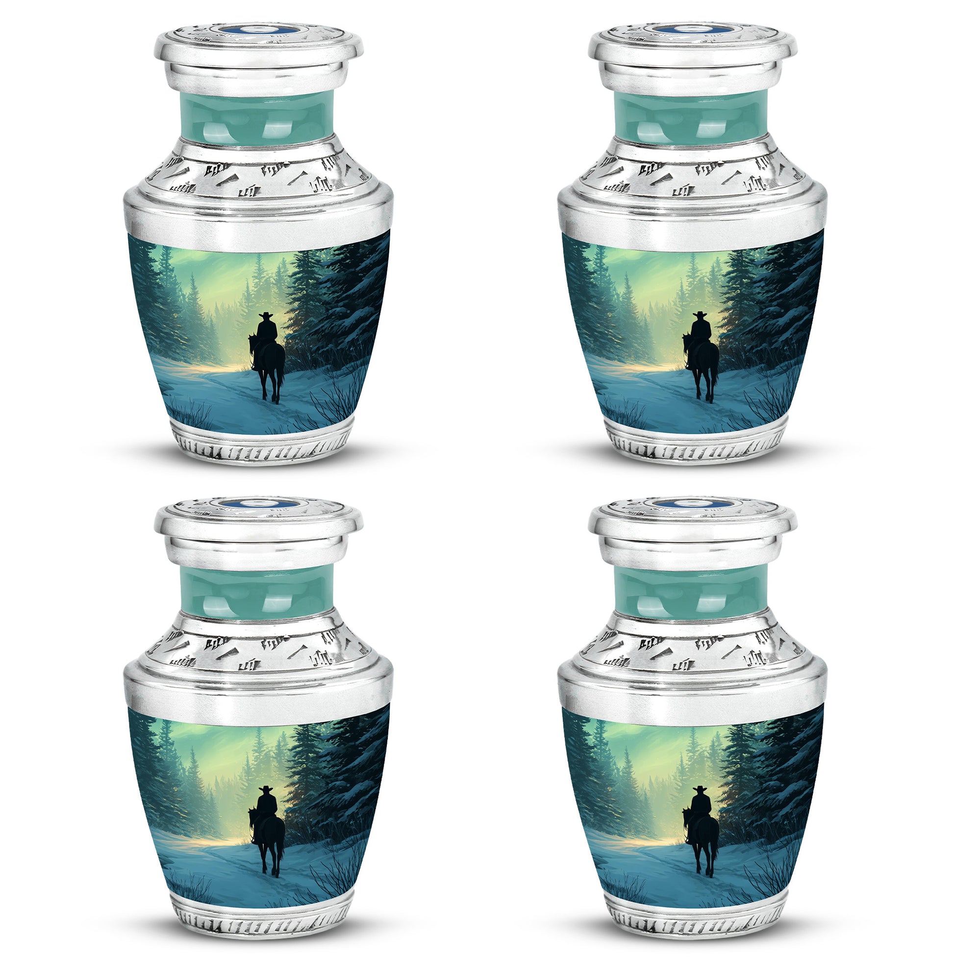 Sage Green Cowboy Cremation Urn back view with polished surface - contemporary cowboy design with modern artistic flair - 10 inch aluminum urn for cremated remains