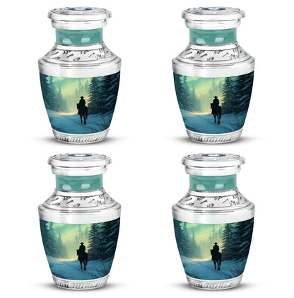 Sage Green Cowboy Cremation Urn back view with polished surface - contemporary cowboy design with modern artistic flair - 10 inch aluminum urn for cremated remains