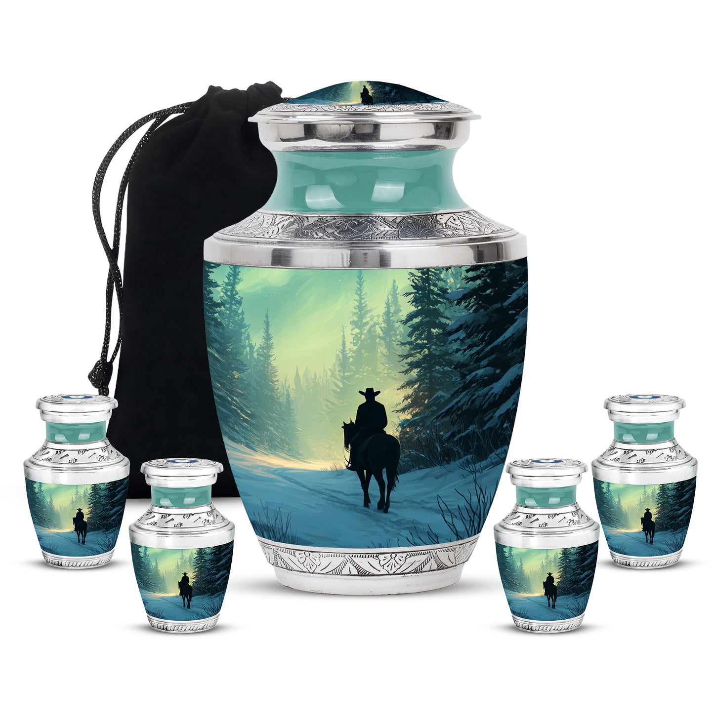 Emerald Green Cowboy Cremation Urn lifestyle display on memorial shelf - modern art-inspired cowboy motif on sleek aluminum - memorial set with one large and four small urns