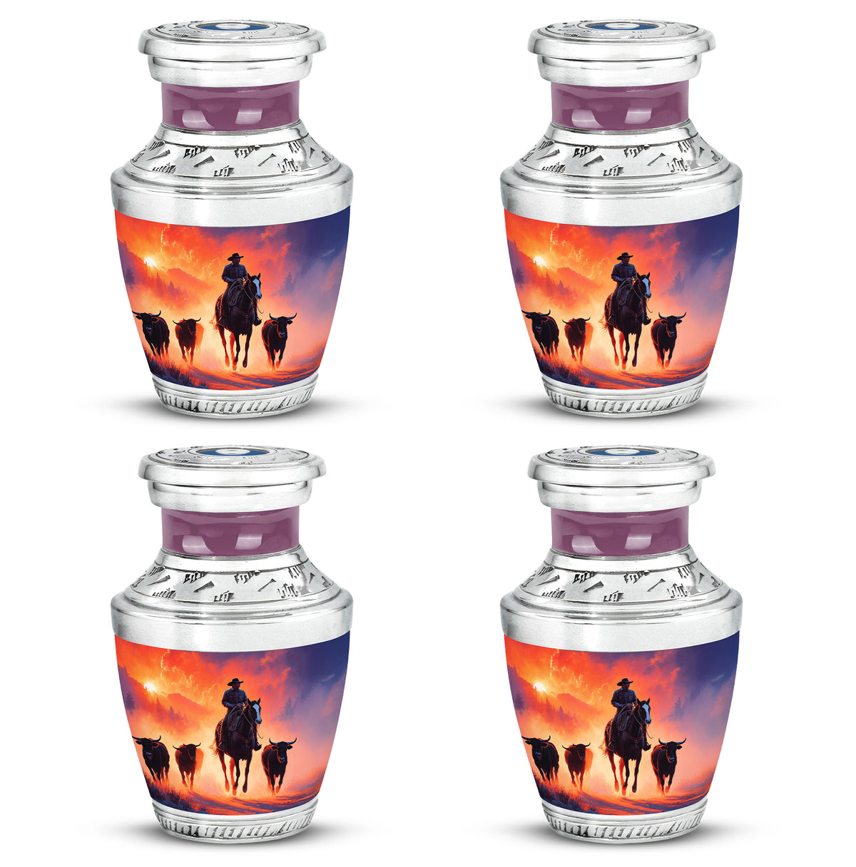 Violet Purple Cowboy Cremation Urn back view with polished surface - stylized abstract cowboy pattern with bold lines - 10 inch aluminum urn for cremated remains