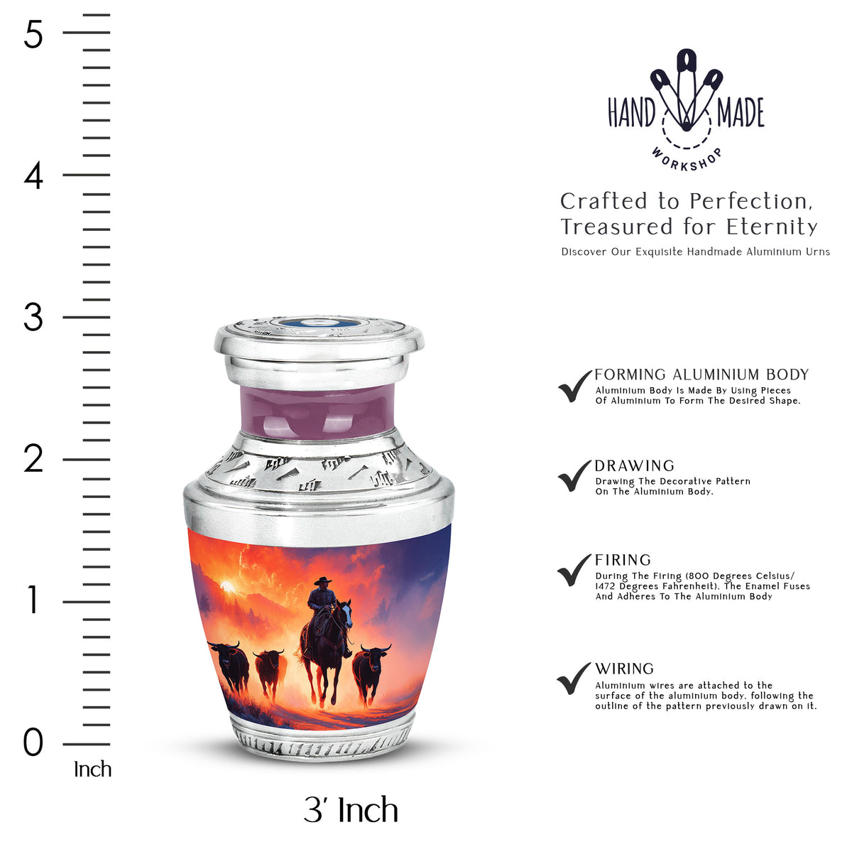 Royal Purple Cowboy Cremation Urn top-down view of secure threaded lid - artistic cowboy interpretation with creative detail - mini keepsake memorial for portion of cremation ashes