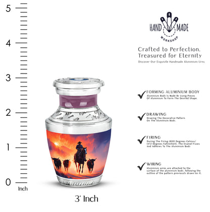 Royal Purple Cowboy Cremation Urn top-down view of secure threaded lid - artistic cowboy interpretation with creative detail - mini keepsake memorial for portion of cremation ashes