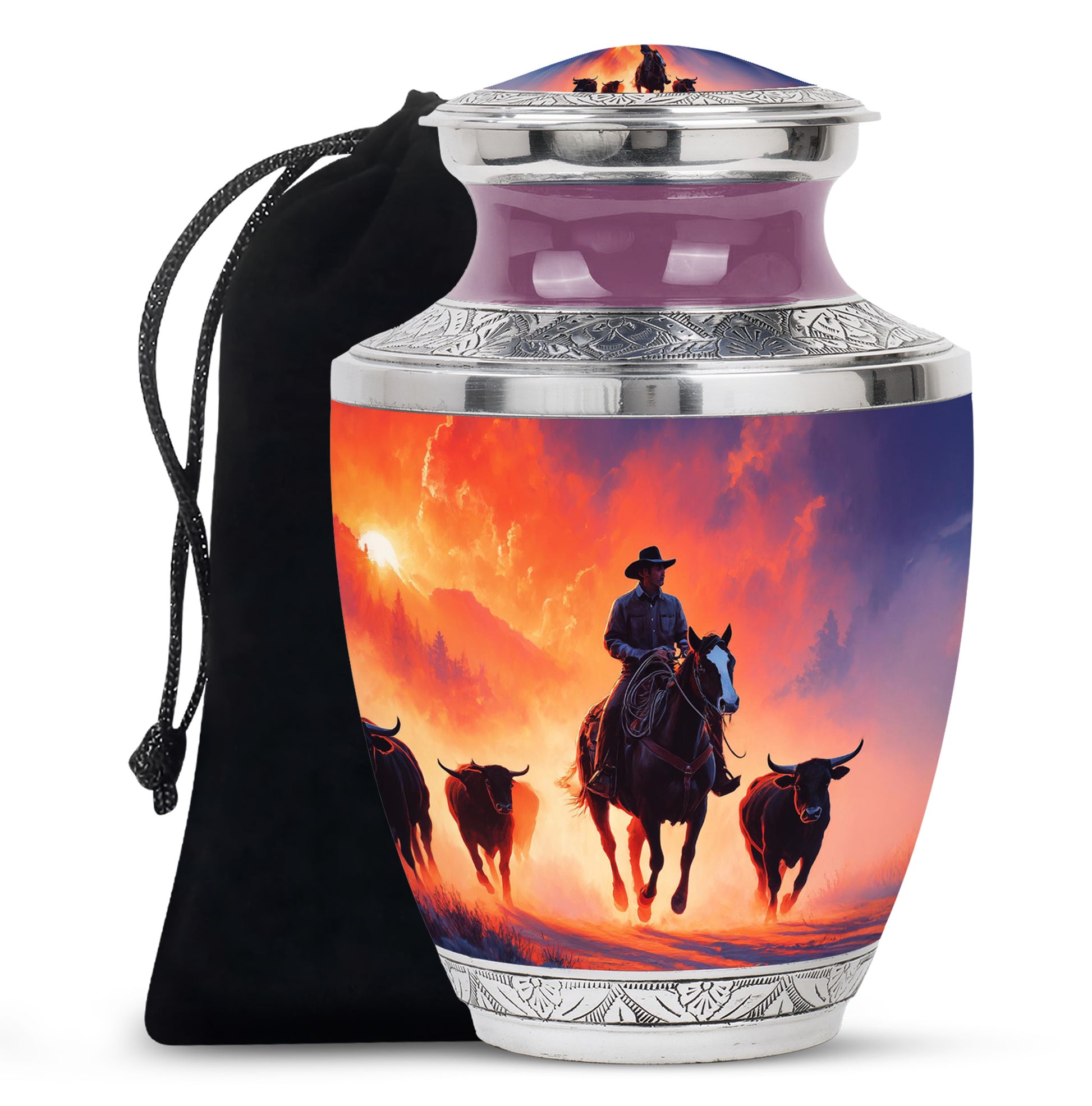 Lavender Purple Cowboy Cremation Urn side profile showing urn shape - stylized abstract cowboy pattern with bold lines - full-size 10 inch 200 cubic inch adult cremation urn