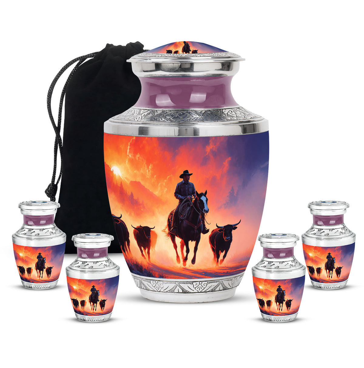 Deep Purple Cowboy Cremation Urn lifestyle display on memorial shelf - contemporary cowboy design with modern artistic flair - memorial set with one large and four small urns