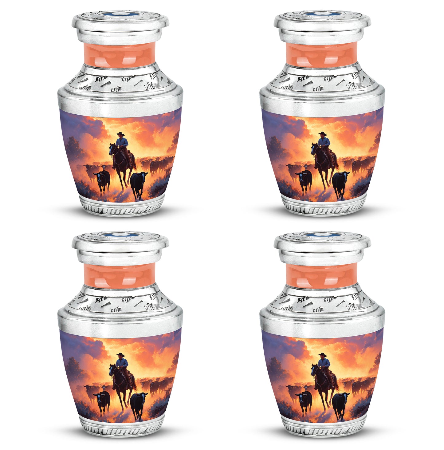 Orchid Purple Cowboy Cremation Urn back view with polished surface - contemporary cowboy design with modern artistic flair - 10 inch aluminum urn for cremated remains