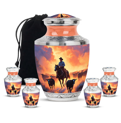 Royal Purple Cowboy Cremation Urn lifestyle display on memorial shelf - stylized abstract cowboy pattern with bold lines - memorial set with one large and four small urns