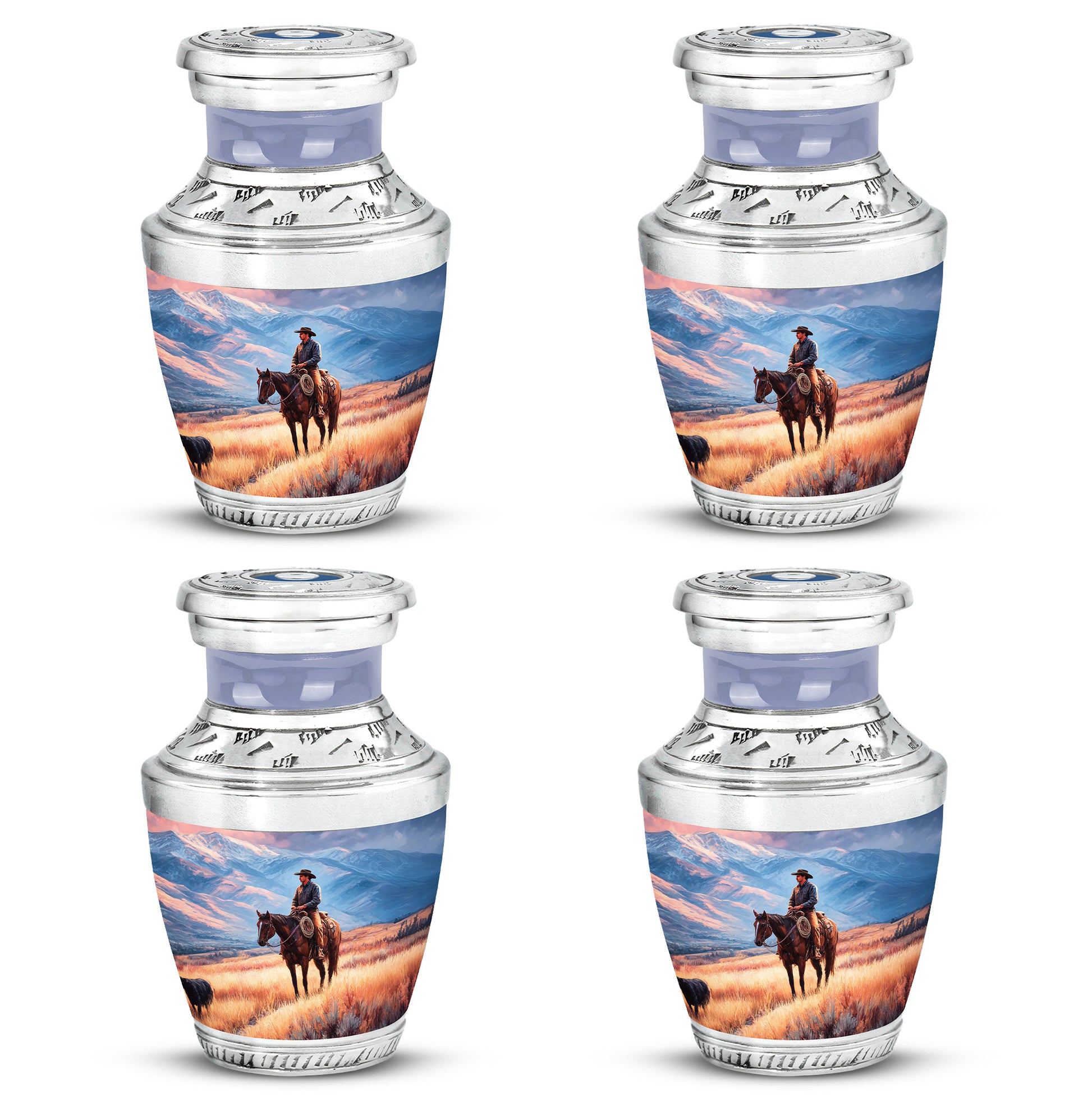 Sapphire Blue Cowboy Cremation Urn back view with polished surface - stylized abstract cowboy pattern with bold lines - 10 inch aluminum urn for cremated remains