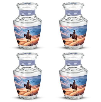 Sapphire Blue Cowboy Cremation Urn back view with polished surface - stylized abstract cowboy pattern with bold lines - 10 inch aluminum urn for cremated remains
