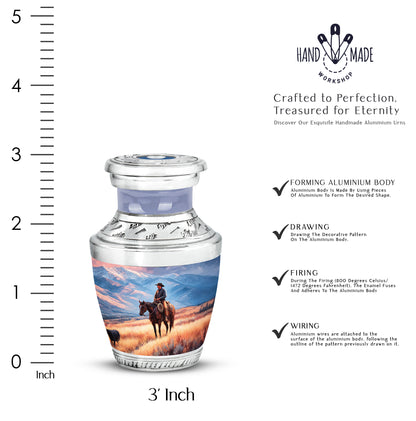 Navy Blue Cowboy Cremation Urn top-down view of secure threaded lid - contemporary cowboy design with modern artistic flair - mini keepsake memorial for portion of cremation ashes