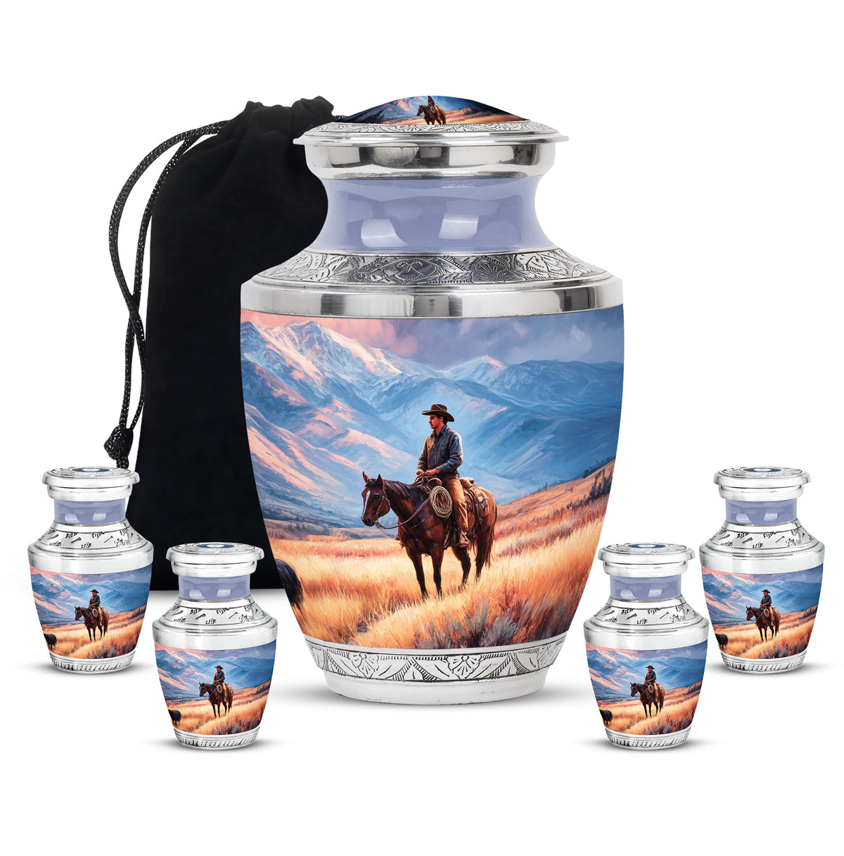 Misty Blue Cowboy Cremation Urn lifestyle display on memorial shelf - modern art-inspired cowboy motif on sleek aluminum - memorial set with one large and four small urns