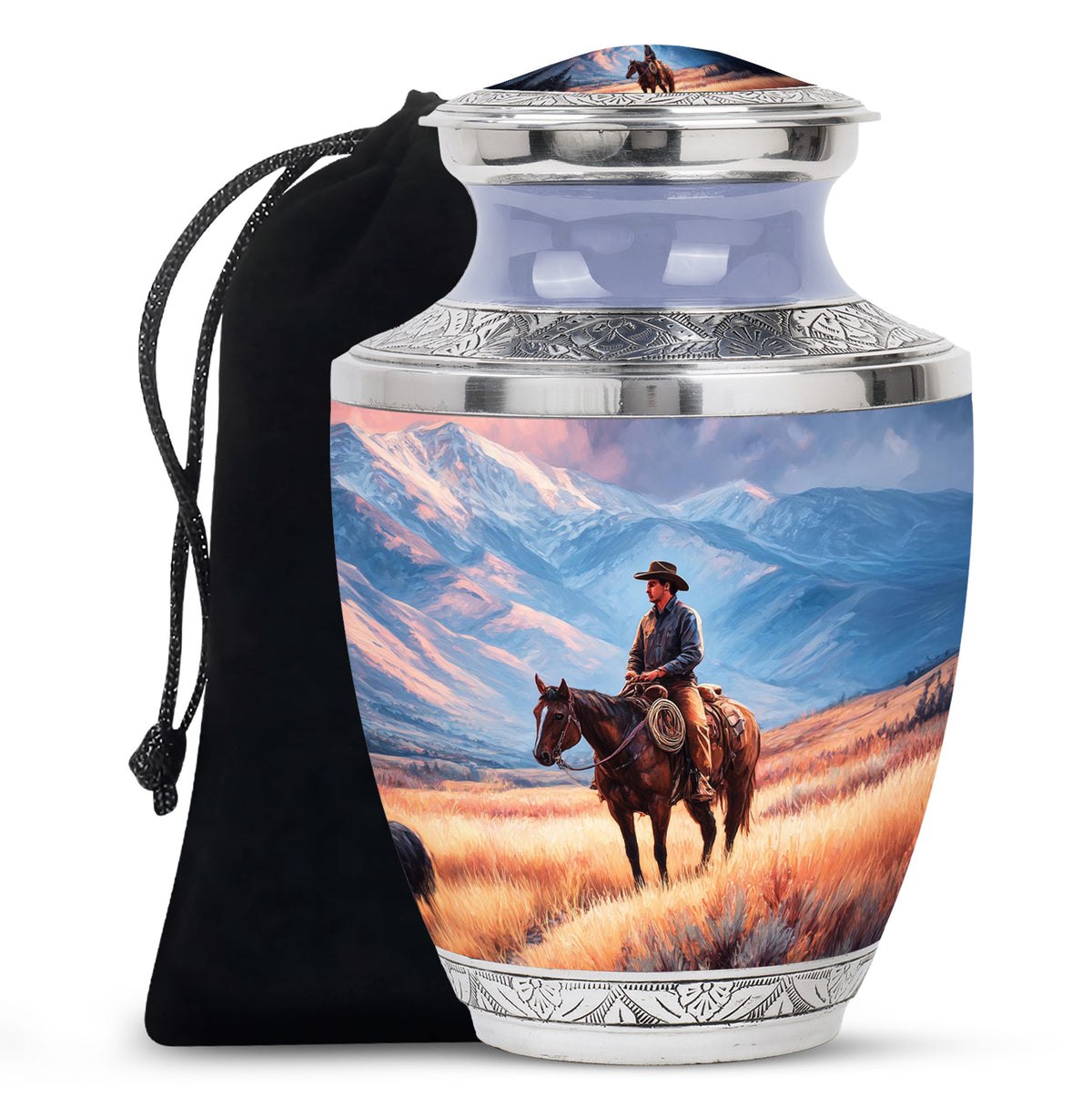 Steel Blue Cowboy Cremation Urn side profile showing urn shape - artistic cowboy interpretation with creative detail - full-size 10 inch 200 cubic inch adult cremation urn