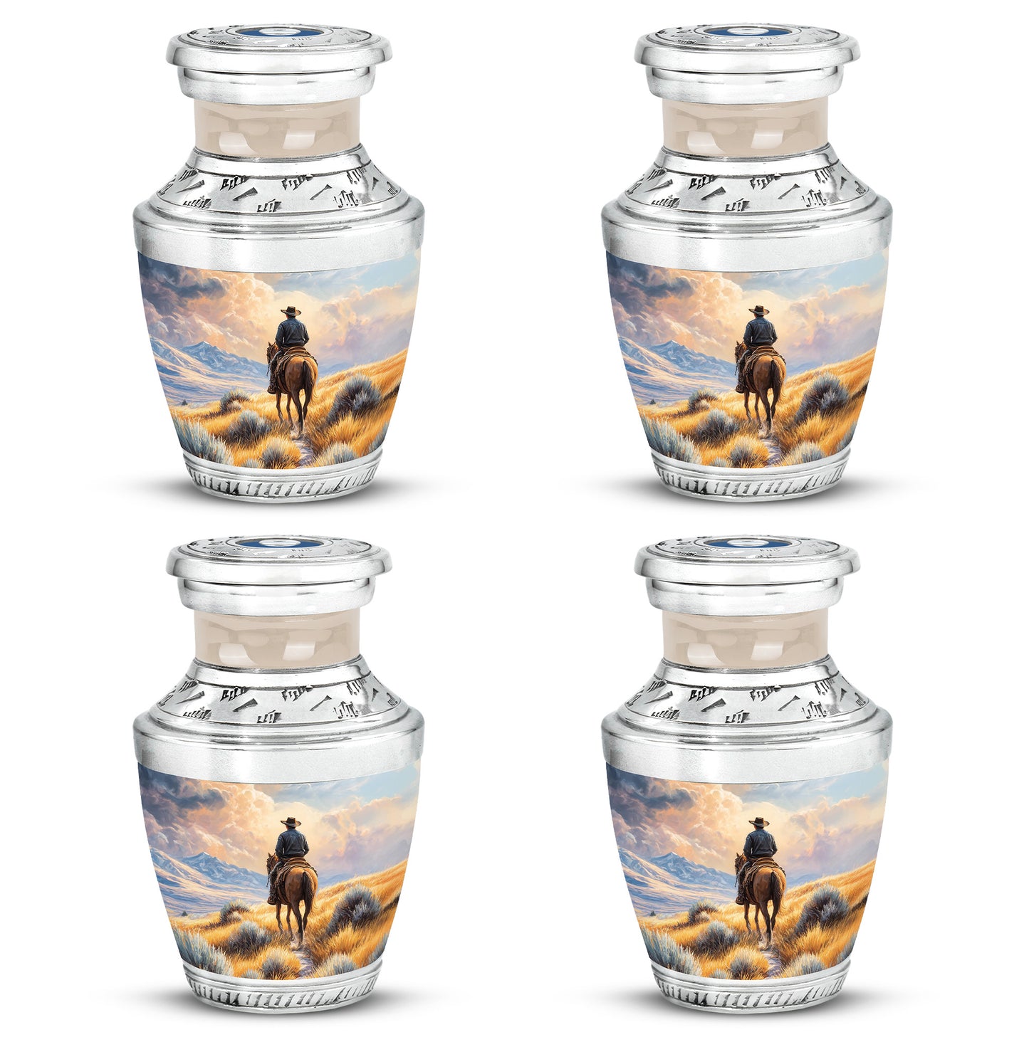 Gilded Gold Cowboy Cremation Urn back view with polished surface - contemporary cowboy design with modern artistic flair - 10 inch aluminum urn for cremated remains