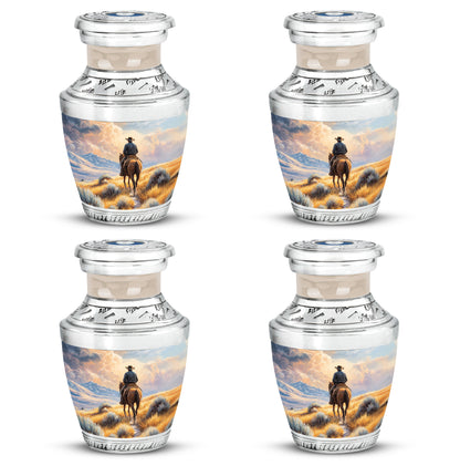 Gilded Gold Cowboy Cremation Urn back view with polished surface - contemporary cowboy design with modern artistic flair - 10 inch aluminum urn for cremated remains