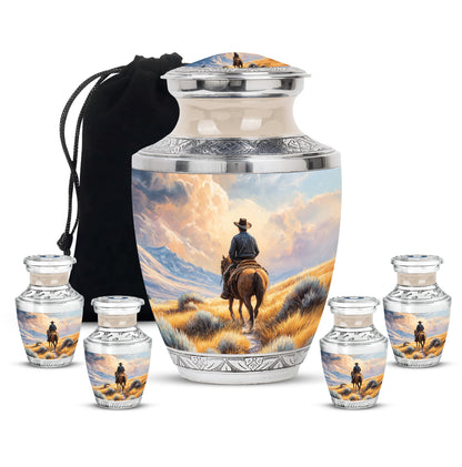 Antique Gold Cowboy Cremation Urn lifestyle display on memorial shelf - contemporary cowboy design with modern artistic flair - memorial set with one large and four small urns