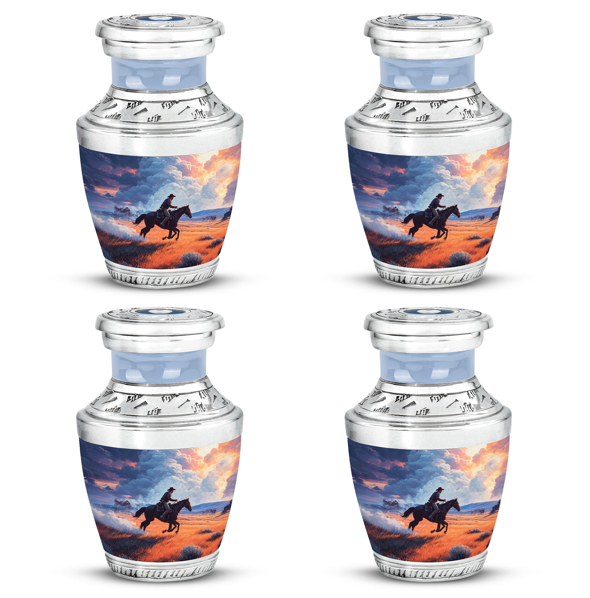 Powder Blue Cowboy Cremation Urn back view with polished surface - contemporary cowboy design with modern artistic flair - 10 inch aluminum urn for cremated remains
