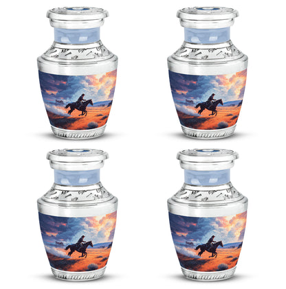 Powder Blue Cowboy Cremation Urn back view with polished surface - contemporary cowboy design with modern artistic flair - 10 inch aluminum urn for cremated remains