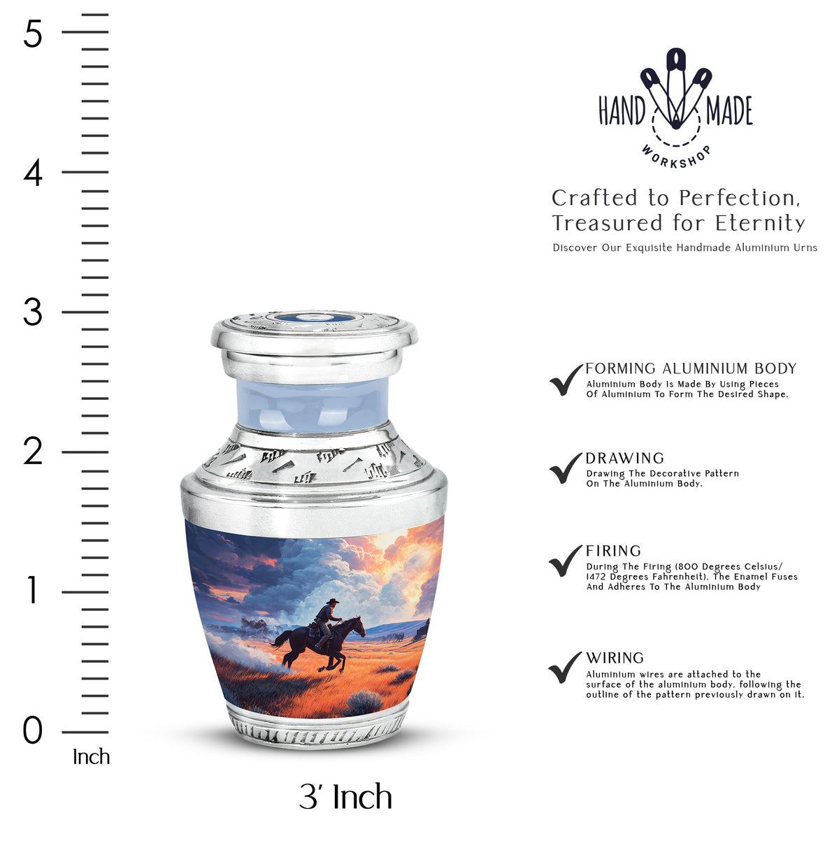 Cobalt Blue Cowboy Cremation Urn top-down view of secure threaded lid - stylized abstract cowboy pattern with bold lines - mini keepsake memorial for portion of cremation ashes