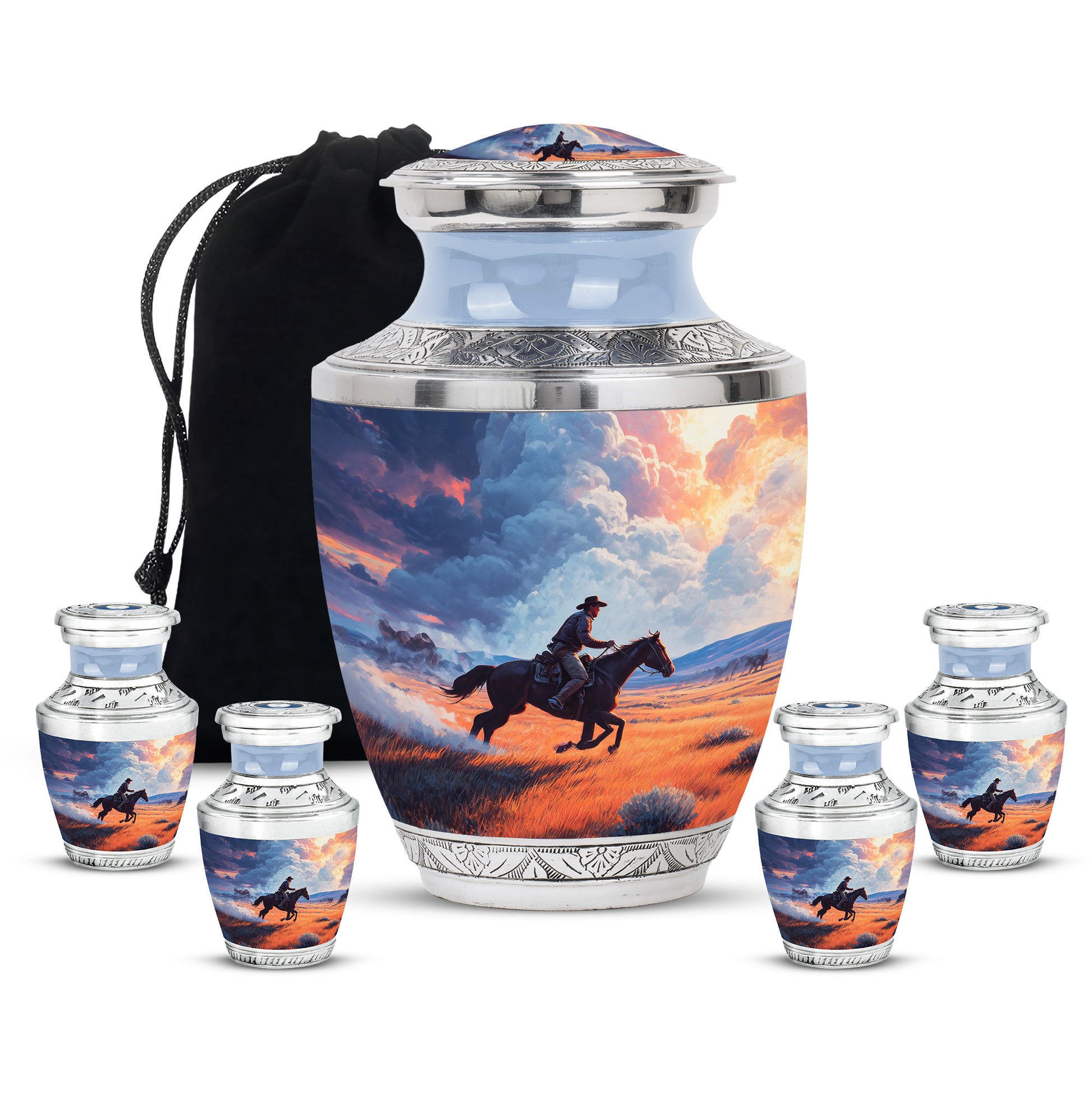 Sapphire Blue Cowboy Cremation Urn lifestyle display on memorial shelf - stylized abstract cowboy pattern with bold lines - memorial set with one large and four small urns