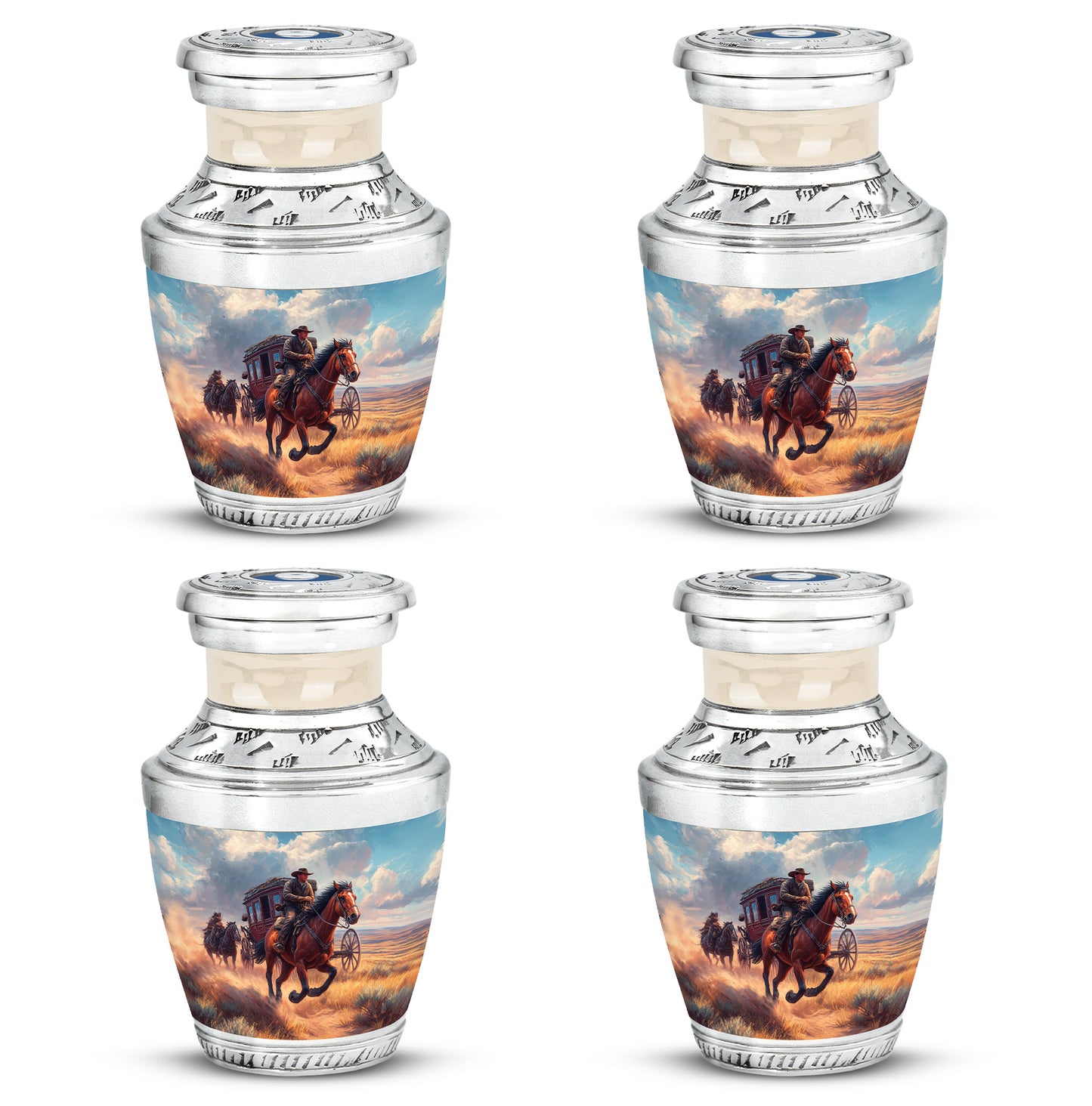 Dusty Blue Cowboy Cremation Urn back view with polished surface - contemporary cowboy design with modern artistic flair - 10 inch aluminum urn for cremated remains