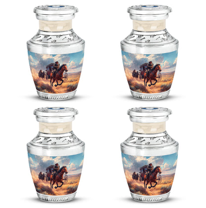 Dusty Blue Cowboy Cremation Urn back view with polished surface - contemporary cowboy design with modern artistic flair - 10 inch aluminum urn for cremated remains