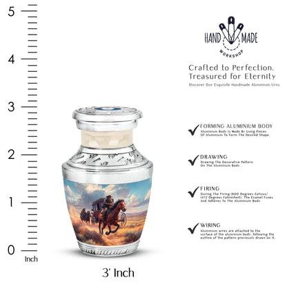 Bright Blue Cowboy Cremation Urn top-down view of secure threaded lid - artistic cowboy interpretation with creative detail - mini keepsake memorial for portion of cremation ashes