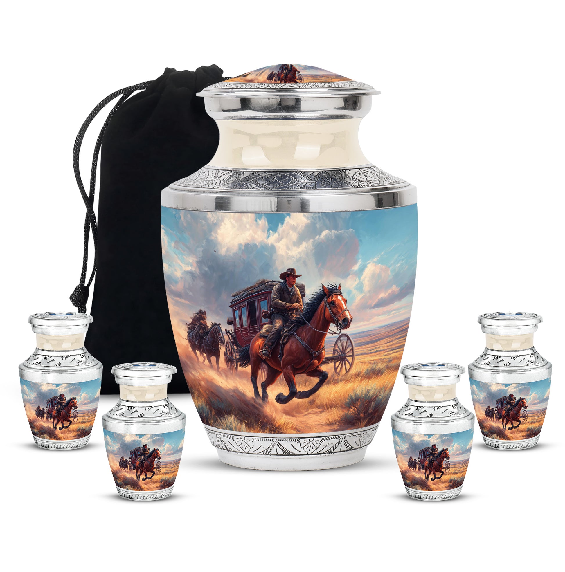 Pastel Blue Cowboy Cremation Urn lifestyle display on memorial shelf - contemporary cowboy design with modern artistic flair - memorial set with one large and four small urns