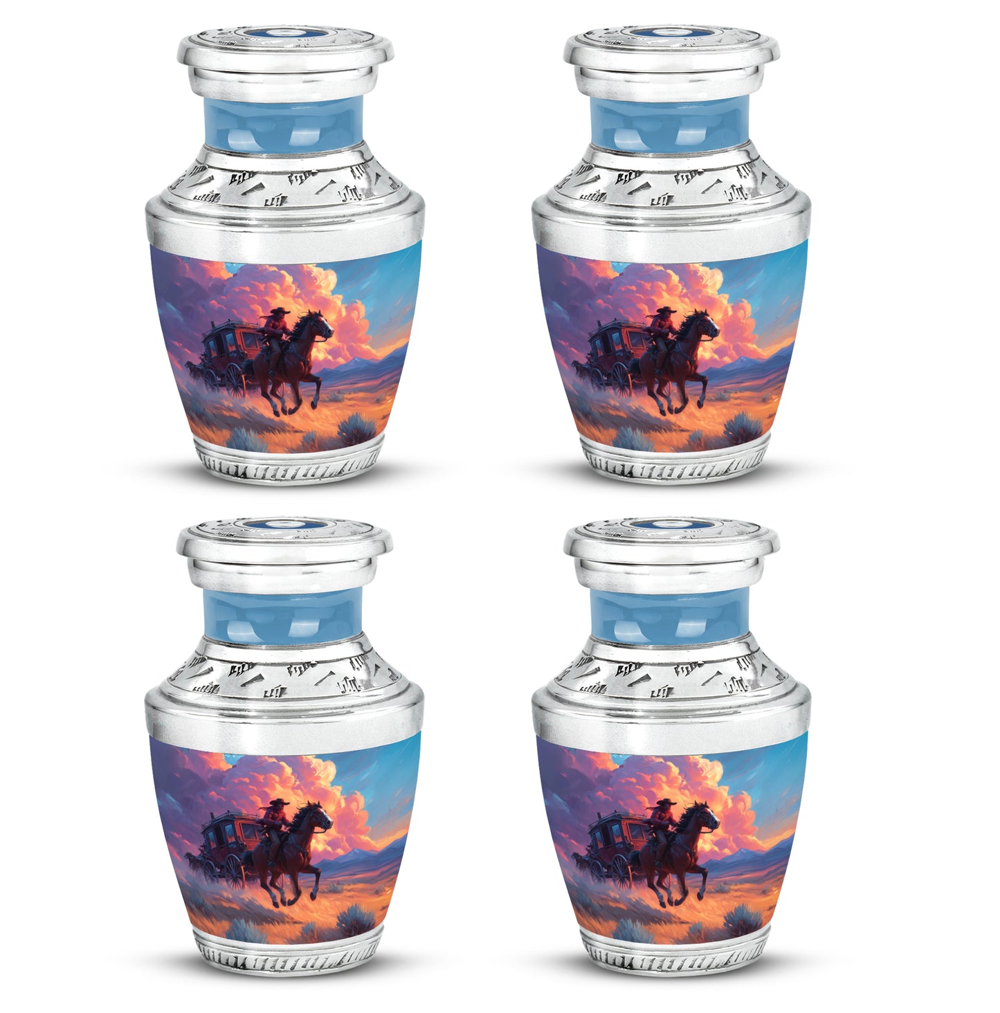 Steel Blue Cowboy Cremation Urn back view with polished surface - artistic cowboy interpretation with creative detail - 10 inch aluminum urn for cremated remains