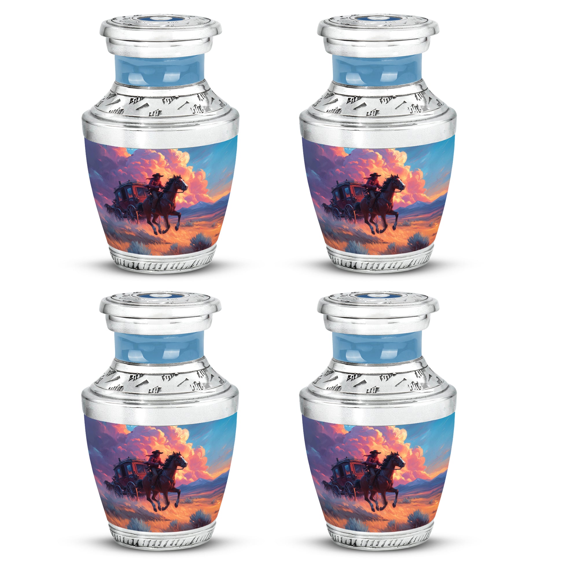 Steel Blue Cowboy Cremation Urn back view with polished surface - artistic cowboy interpretation with creative detail - 10 inch aluminum urn for cremated remains