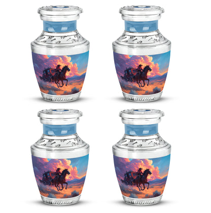 Steel Blue Cowboy Cremation Urn back view with polished surface - artistic cowboy interpretation with creative detail - 10 inch aluminum urn for cremated remains
