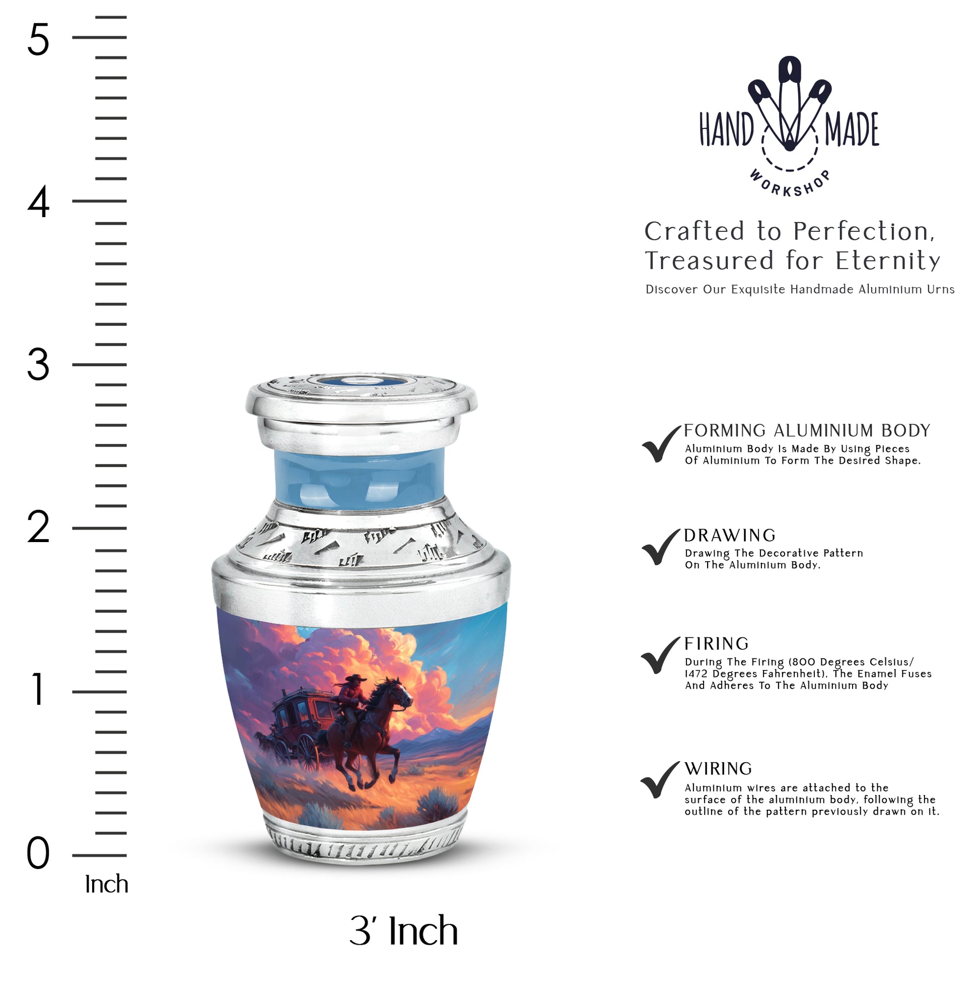 Soft Blue Cowboy Cremation Urn top-down view of secure threaded lid - stylized abstract cowboy pattern with bold lines - mini keepsake memorial for portion of cremation ashes