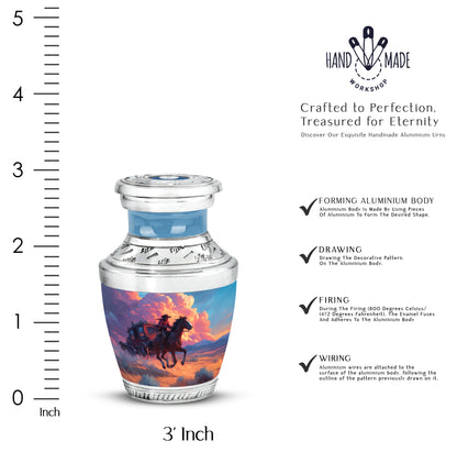 Soft Blue Cowboy Cremation Urn top-down view of secure threaded lid - stylized abstract cowboy pattern with bold lines - mini keepsake memorial for portion of cremation ashes
