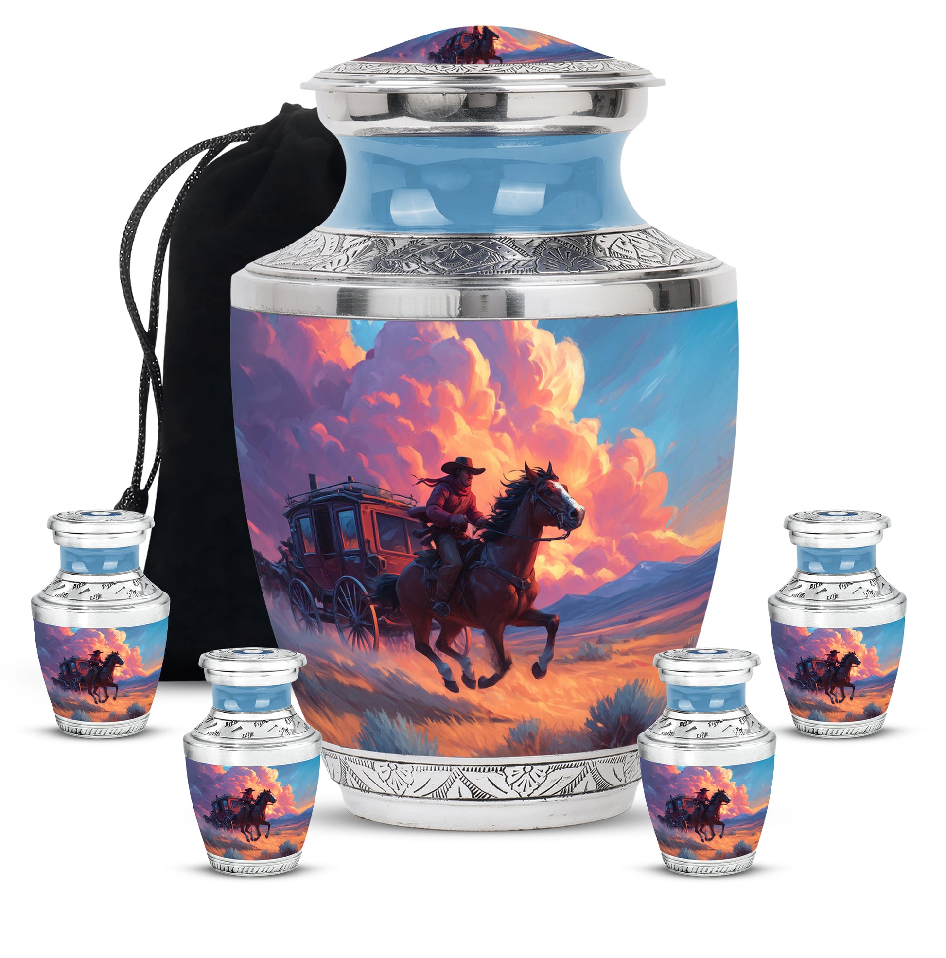 Calming Blue Cowboy Cremation Urn lifestyle display on memorial shelf - stylized abstract cowboy pattern with bold lines - memorial set with one large and four small urns