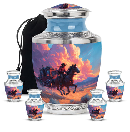 Calming Blue Cowboy Cremation Urn lifestyle display on memorial shelf - stylized abstract cowboy pattern with bold lines - memorial set with one large and four small urns
