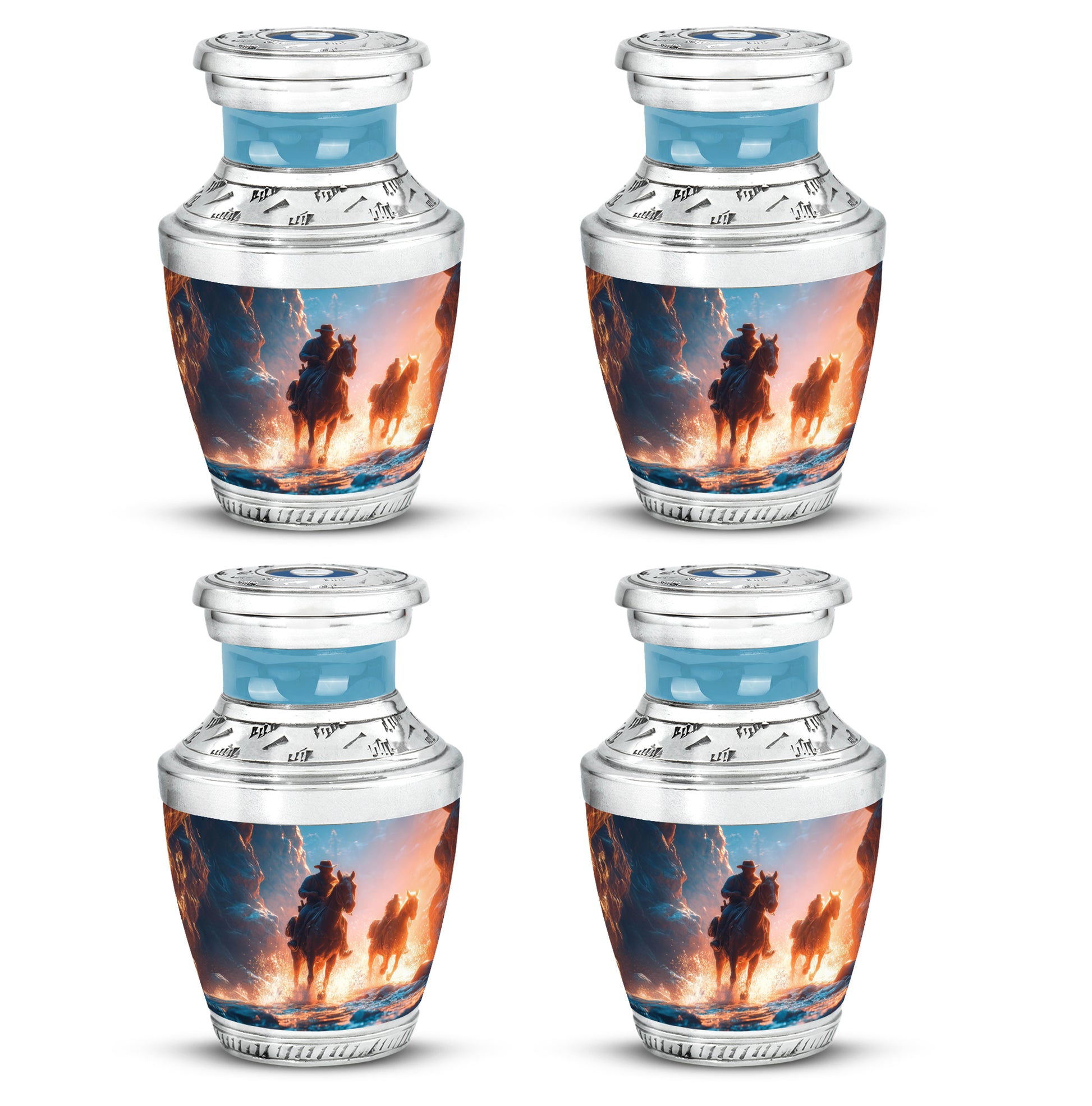 Pastel Blue Cowboy Cremation Urn back view with polished surface - modern art-inspired cowboy motif on sleek aluminum - 10 inch aluminum urn for cremated remains