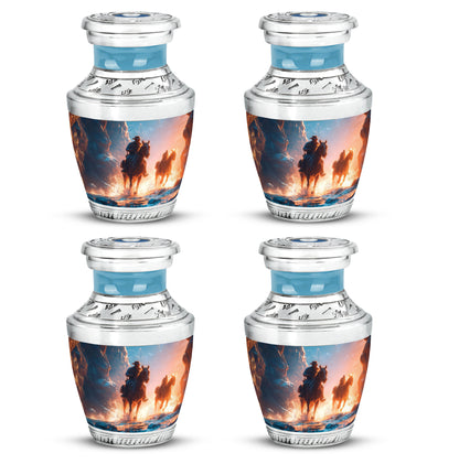 Pastel Blue Cowboy Cremation Urn back view with polished surface - modern art-inspired cowboy motif on sleek aluminum - 10 inch aluminum urn for cremated remains