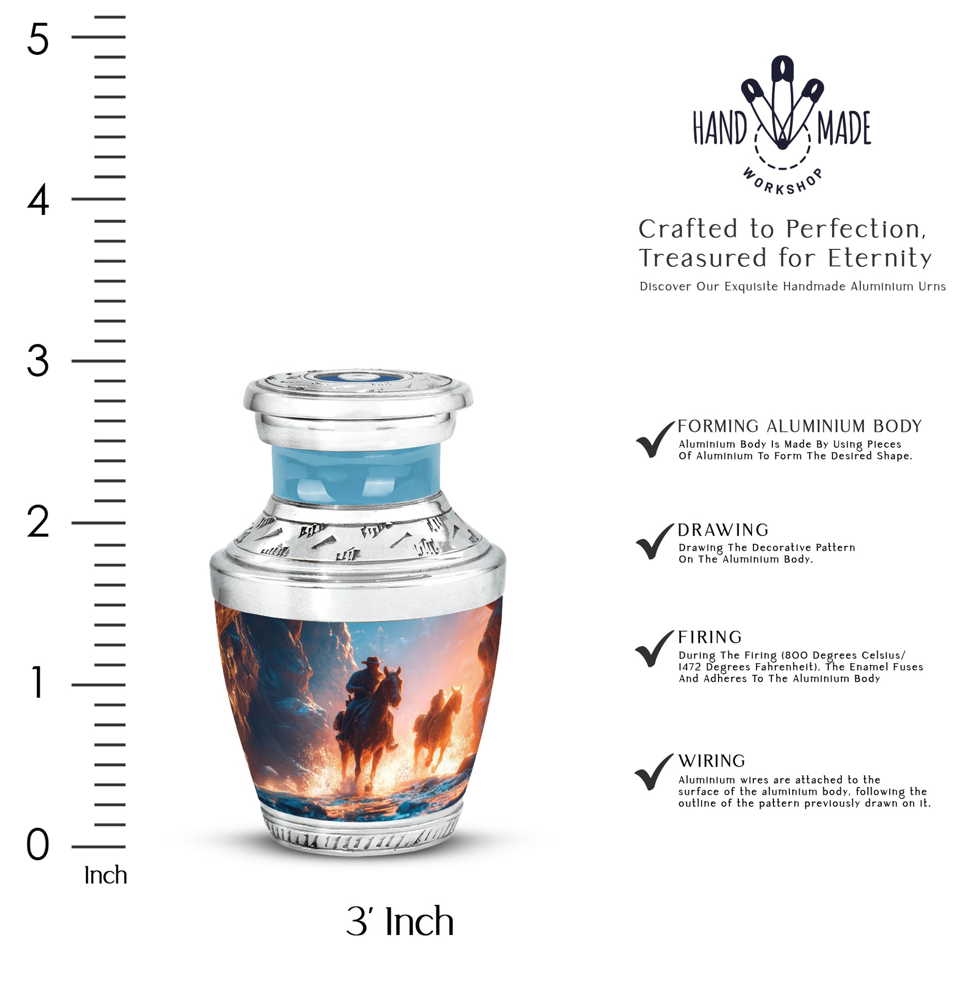 Misty Blue Cowboy Cremation Urn top-down view of secure threaded lid - modern art-inspired cowboy motif on sleek aluminum - mini keepsake memorial for portion of cremation ashes
