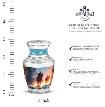 Misty Blue Cowboy Cremation Urn top-down view of secure threaded lid - modern art-inspired cowboy motif on sleek aluminum - mini keepsake memorial for portion of cremation ashes