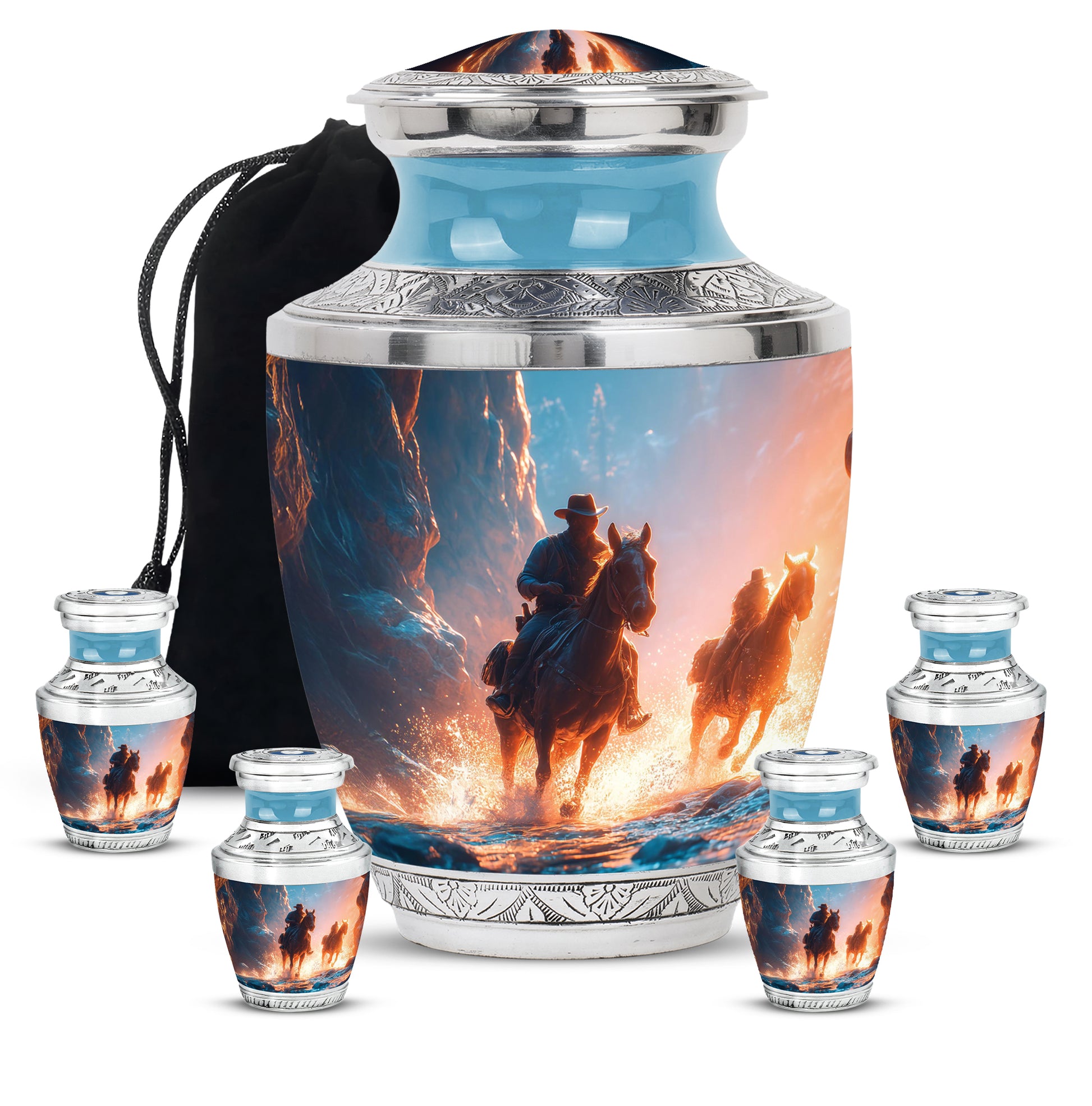 Sapphire Blue Cowboy Cremation Urn lifestyle display on memorial shelf - stylized abstract cowboy pattern with bold lines - memorial set with one large and four small urns