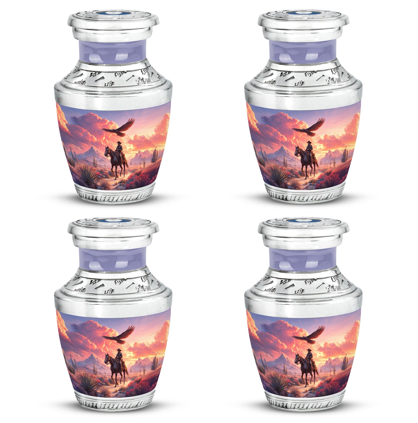 Twilight Purple Cowboy Cremation Urn back view with polished surface - stylized abstract cowboy pattern with bold lines - 10 inch aluminum urn for cremated remains