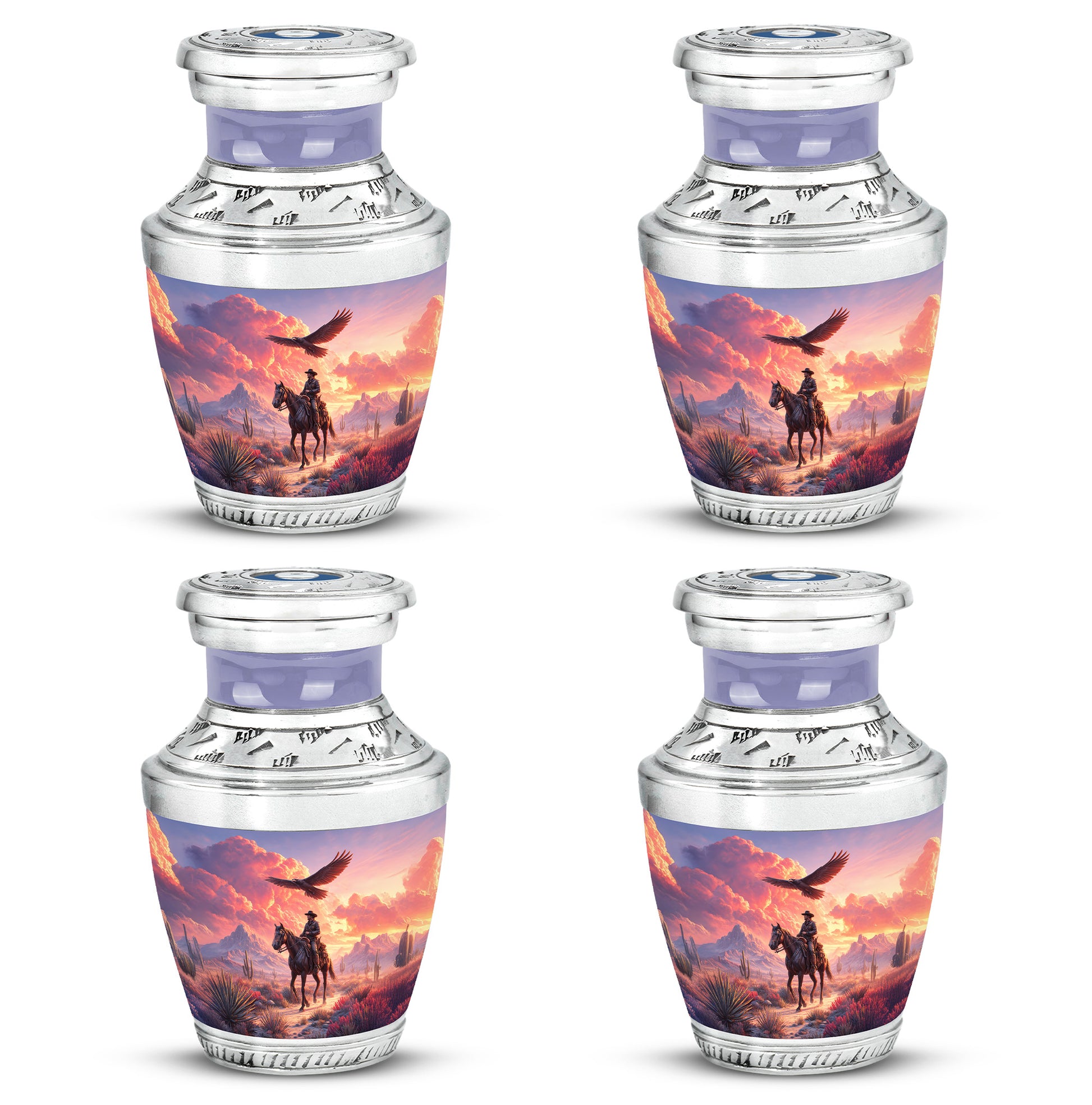 Twilight Purple Cowboy Cremation Urn back view with polished surface - stylized abstract cowboy pattern with bold lines - 10 inch aluminum urn for cremated remains