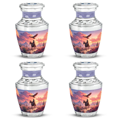 Twilight Purple Cowboy Cremation Urn back view with polished surface - stylized abstract cowboy pattern with bold lines - 10 inch aluminum urn for cremated remains