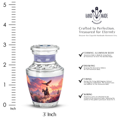 Deep Purple Cowboy Cremation Urn top-down view of secure threaded lid - contemporary cowboy design with modern artistic flair - mini keepsake memorial for portion of cremation ashes