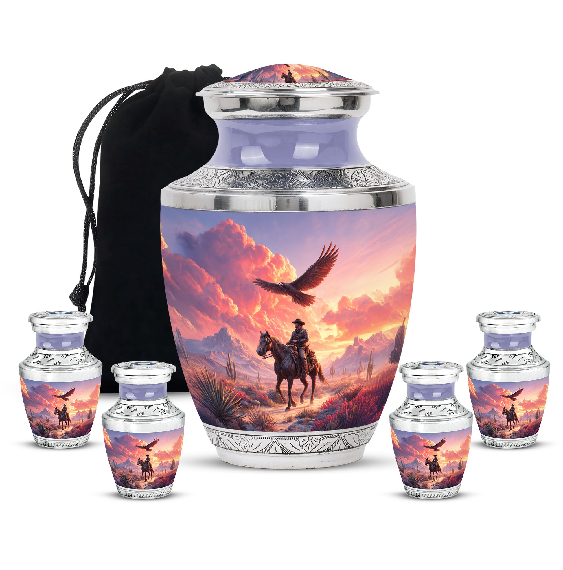 Orchid Purple Cowboy Cremation Urn lifestyle display on memorial shelf - contemporary cowboy design with modern artistic flair - memorial set with one large and four small urns