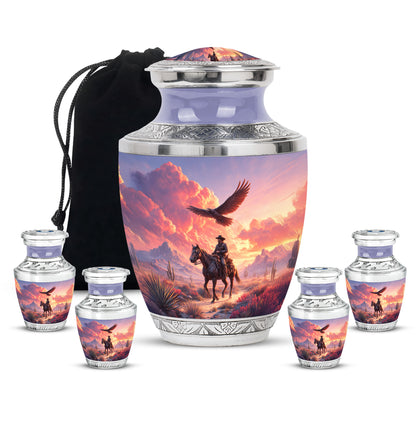 Orchid Purple Cowboy Cremation Urn lifestyle display on memorial shelf - contemporary cowboy design with modern artistic flair - memorial set with one large and four small urns