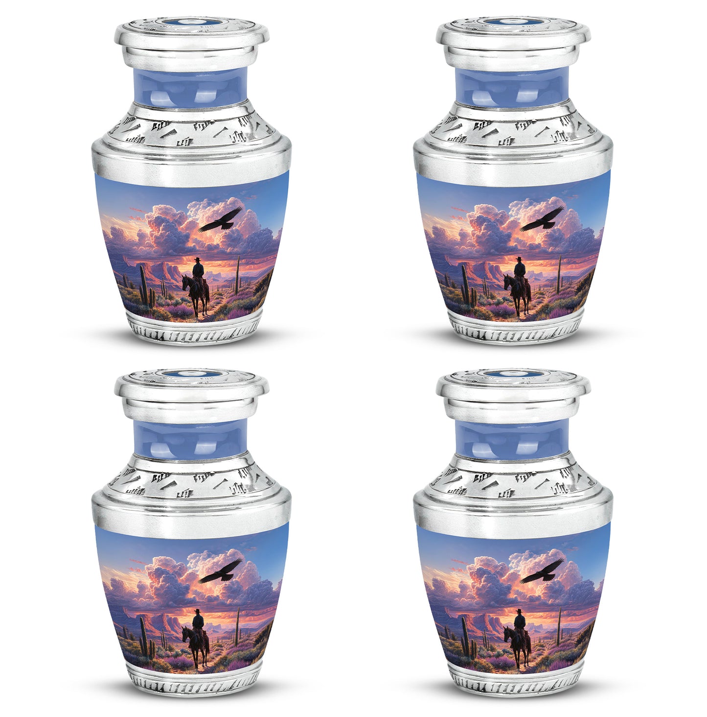 Misty Blue Cowboy Cremation Urn back view with polished surface - contemporary cowboy design with modern artistic flair - 10 inch aluminum urn for cremated remains