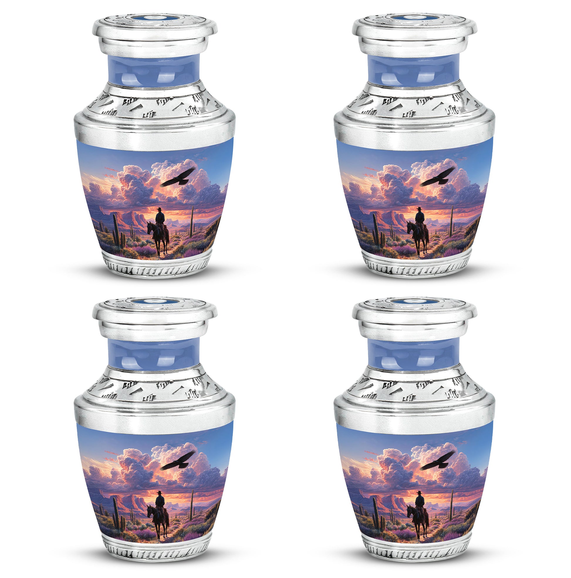 Misty Blue Cowboy Cremation Urn back view with polished surface - contemporary cowboy design with modern artistic flair - 10 inch aluminum urn for cremated remains