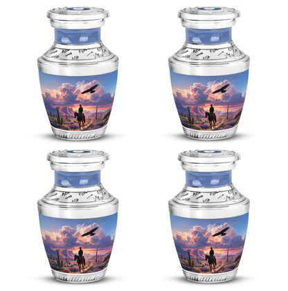 Misty Blue Cowboy Cremation Urn back view with polished surface - contemporary cowboy design with modern artistic flair - 10 inch aluminum urn for cremated remains