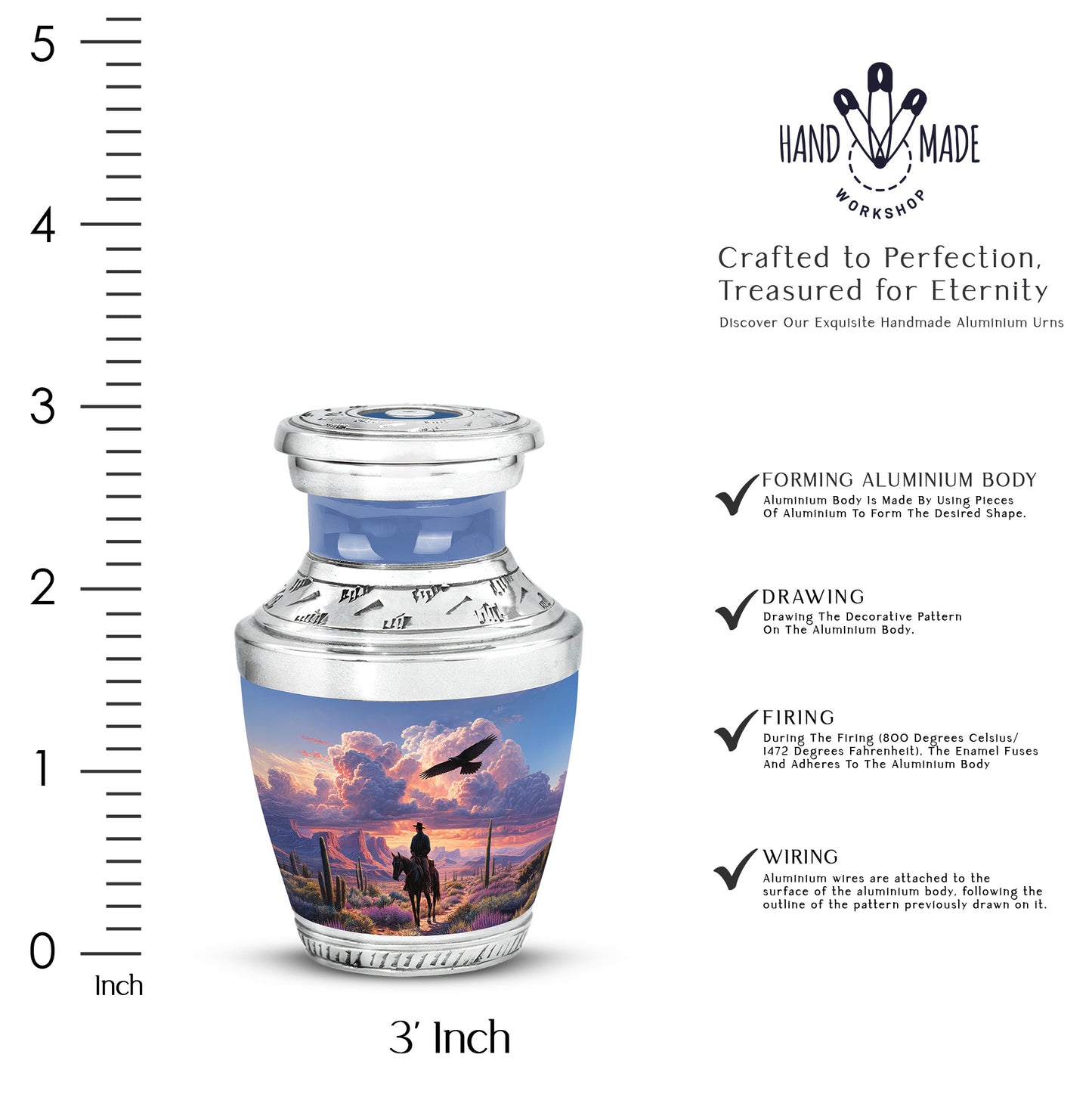 Dusty Blue Cowboy Cremation Urn top-down view of secure threaded lid - contemporary cowboy design with modern artistic flair - mini keepsake memorial for portion of cremation ashes